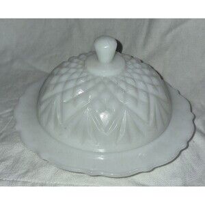 vintage round milkglass butter dish Ancor Hocking